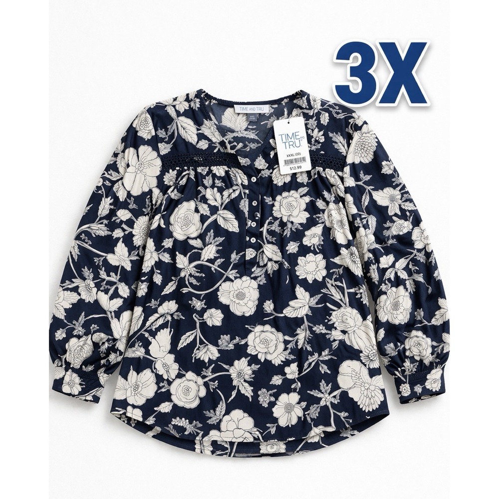 Time and Tru Womens 3XL  -  22  Navy Floral Blouse Lace‎ Yoke Button Front NWT